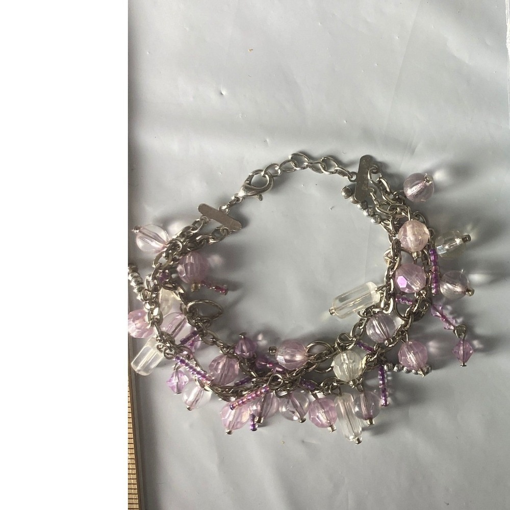 Vintage Style Pink Purple Beaded Charm Bracelet Silver Tone Multi Strand Boho
